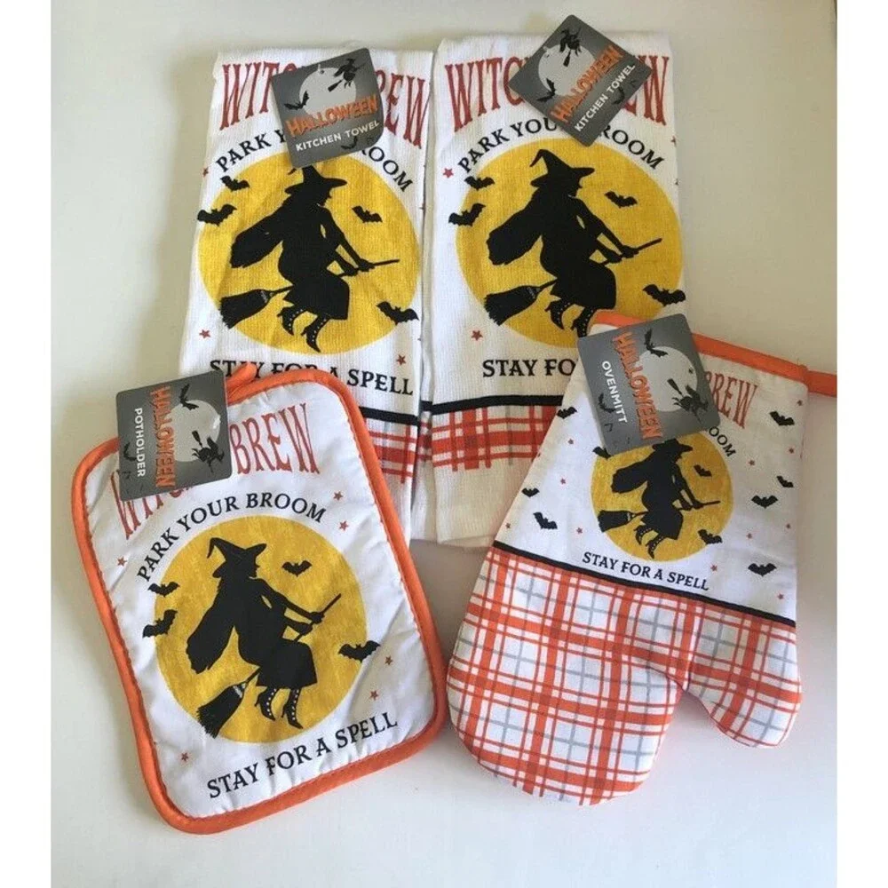 Halloween Kitchen Dish Towels Potholder Oven Mitt Set of 4 Witch Orange Plaid
